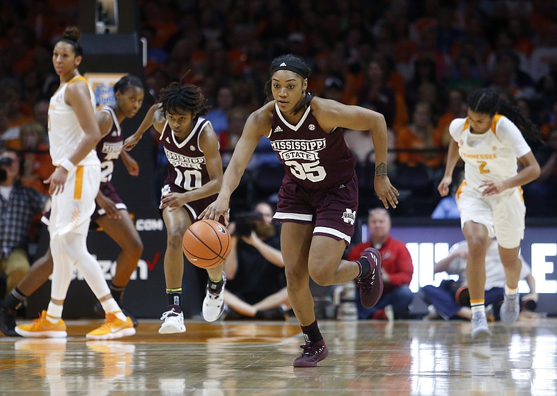 Mississippi State guard Victoria Vivians (35) drives the ball down the court against Tennessee in the first half of an NCAA college basketball game Sunday, Jan. 21, 2018, in Knoxville, Tenn. (AP Photo/Crystal LoGiudice)
