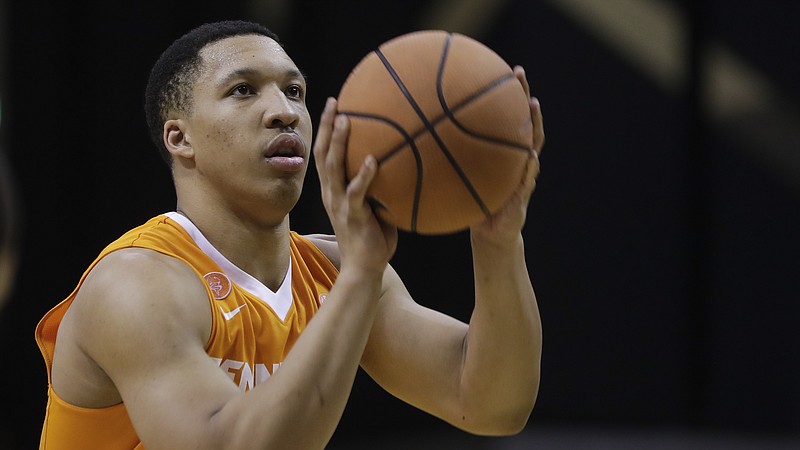 Tennessee forward Grant Williams shoots a free-throw in the second half of an NCAA college basketball game against Tennessee Tuesday, Jan. 9, 2018, in Nashville, Tenn. (AP Photo/Mark Humphrey)