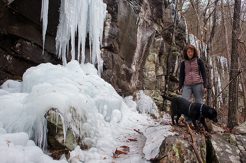 Elise checks out giant icicles scattered along the trail.