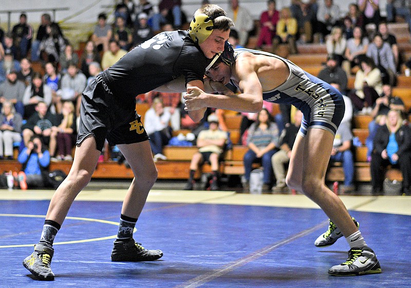 Bradley's Glen O'Daniel, left, and Soddy-Daisy's Jacob Allen wrestle in the 106 pound class.  The Bradley Central Bears visited the Soddy-Daisy Trojans in TSSAA wrestling action at the Soddy-Daisy Wrestling Arena on January 23, 2018.  