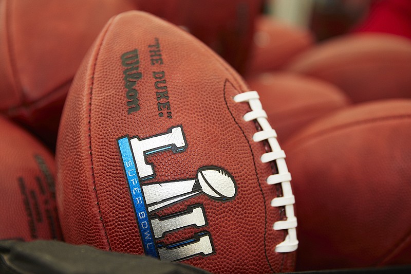 Official balls for the NFL Super Bowl LII football game are seen at the Wilson Sporting Goods Co. in Ada, Ohio, Monday, Jan. 22, 2018. 