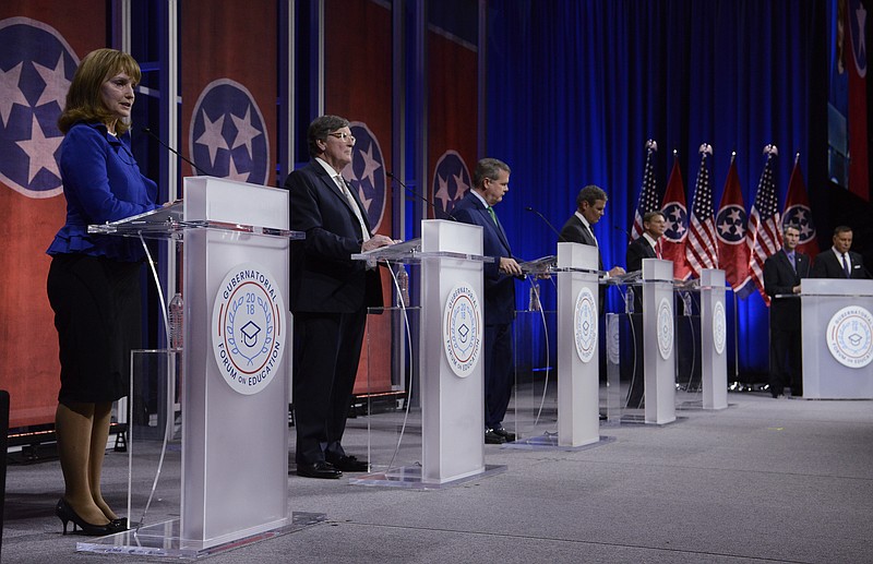 Gubernatorial candidates Republican Beth Harwell, Democrat Craig Fitzhugh, Democrat Karl Dean, Republican Bill Lee and Republican Randy Boyd answer questions from moderators David Plazas and Rory Johnston during the Gubernatorial Forum on Education at Belmont University in Nashville, Tenn., Tuesday, Jan. 23, 2018. (George Walker IV / The Tennessean via AP, Pool)