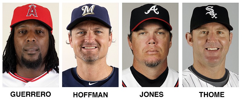 FILE - These file photos show baseball players, from left, Vladimir Guerrero, Trevor Hoffman, Chipper Jones and Jim Thome. All four were elected to baseball's Hall of Fame on Wednesday, Jan. 24, 2018. (AP Photo/File)