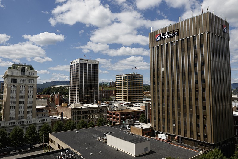 The First Tennessee Bank building, Liberty Tower, and Republic Center are seen from a new apartment building at 728 Market Street.