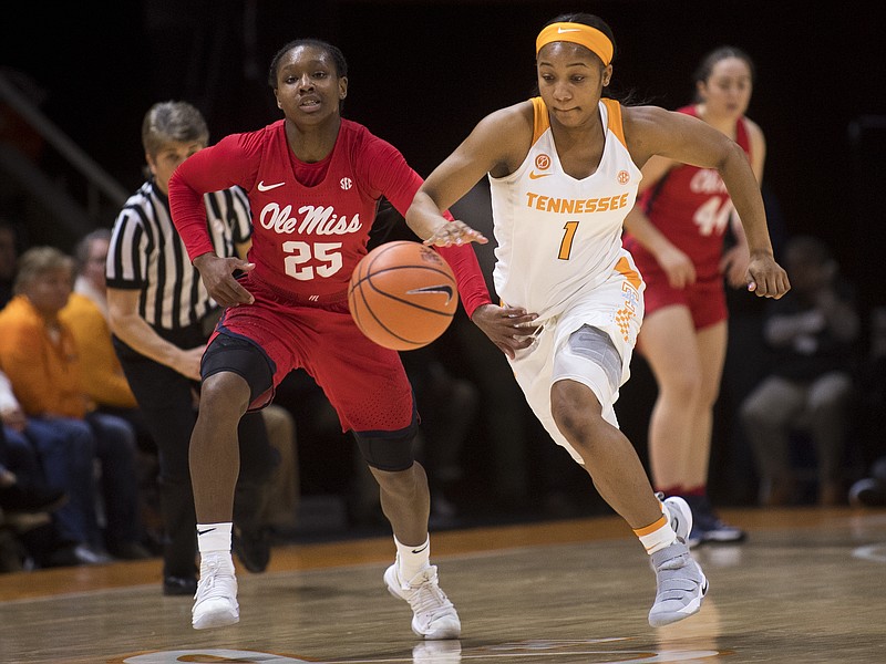 Tennessee guard Anastasia Hayes (1) steals the ball from Mississippi guard Alissa Alston (25) during an NCAA college basketball game Thursday, Jan. 25, 2018, in Knoxville, Tenn. (Brianna Paciorka/Knoxville News Sentinel via AP)