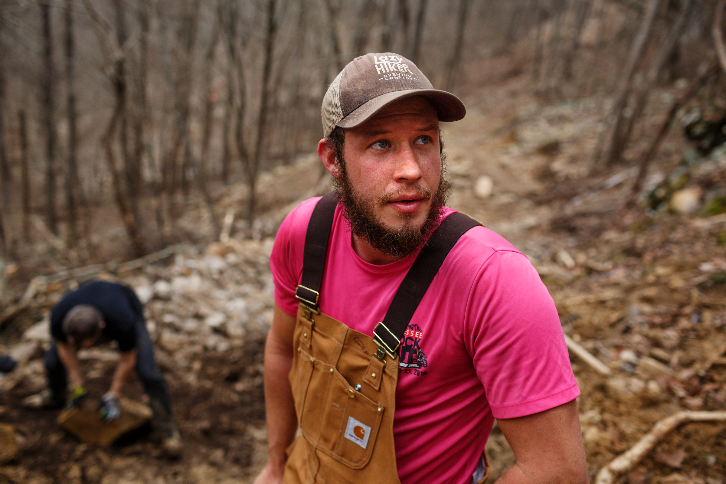 David Snyder watches work on the TTC Gravity Park trail on Saturday, Jan. 27, 2018, in Sequatchie, Tenn. Volunteers are working to reopen the downhill mountain biking trail which features 1,000 feet of elevation change on a challenging course.