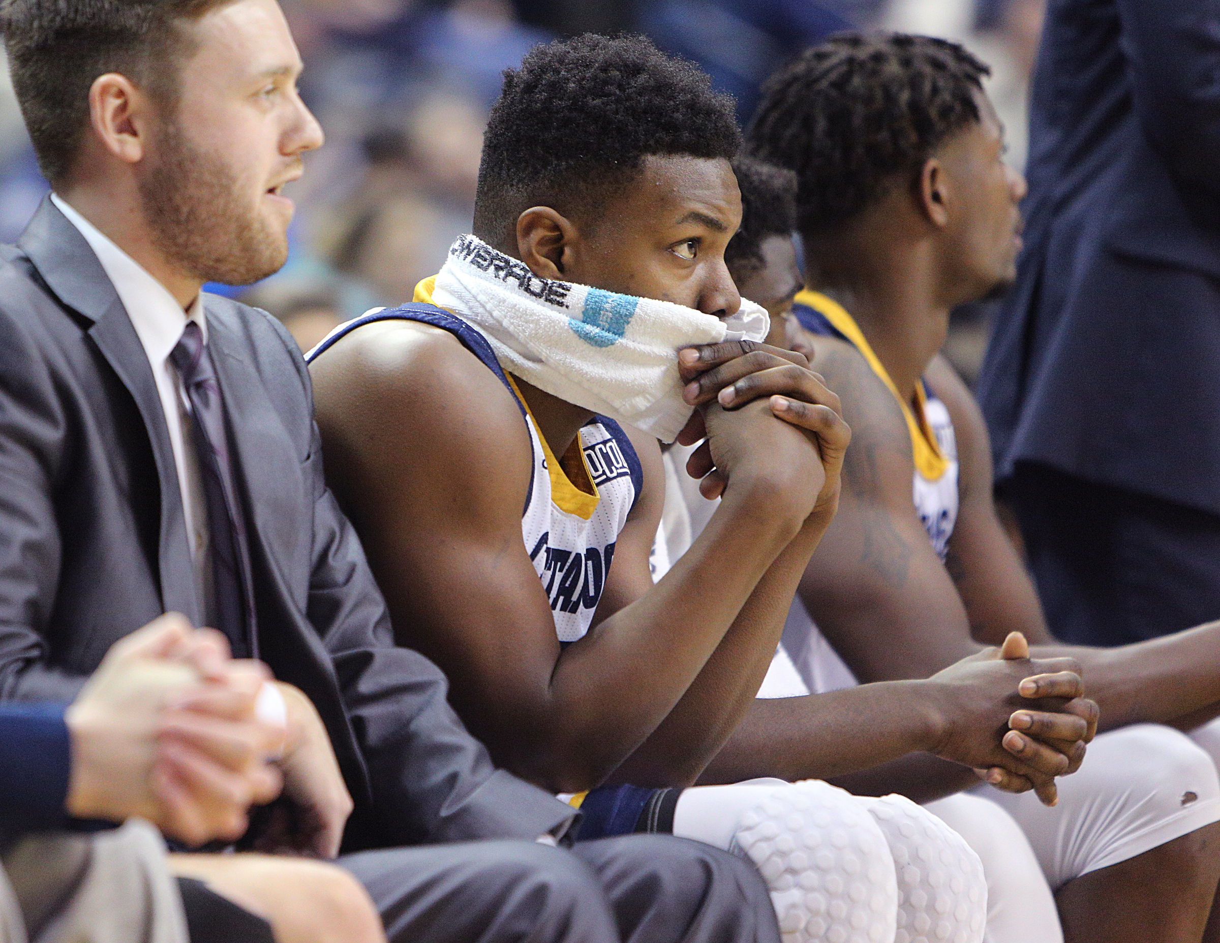 University of Tennessee at Chattanooga's Jonathan Bryant II (33) watches as time runs out in regulation play during the UTC vs. University of North Carolina Greensboro men's basketball game Monday, Jan. 29, 2018 at McKenzie Arena at UTC in Chattanooga, Tenn.