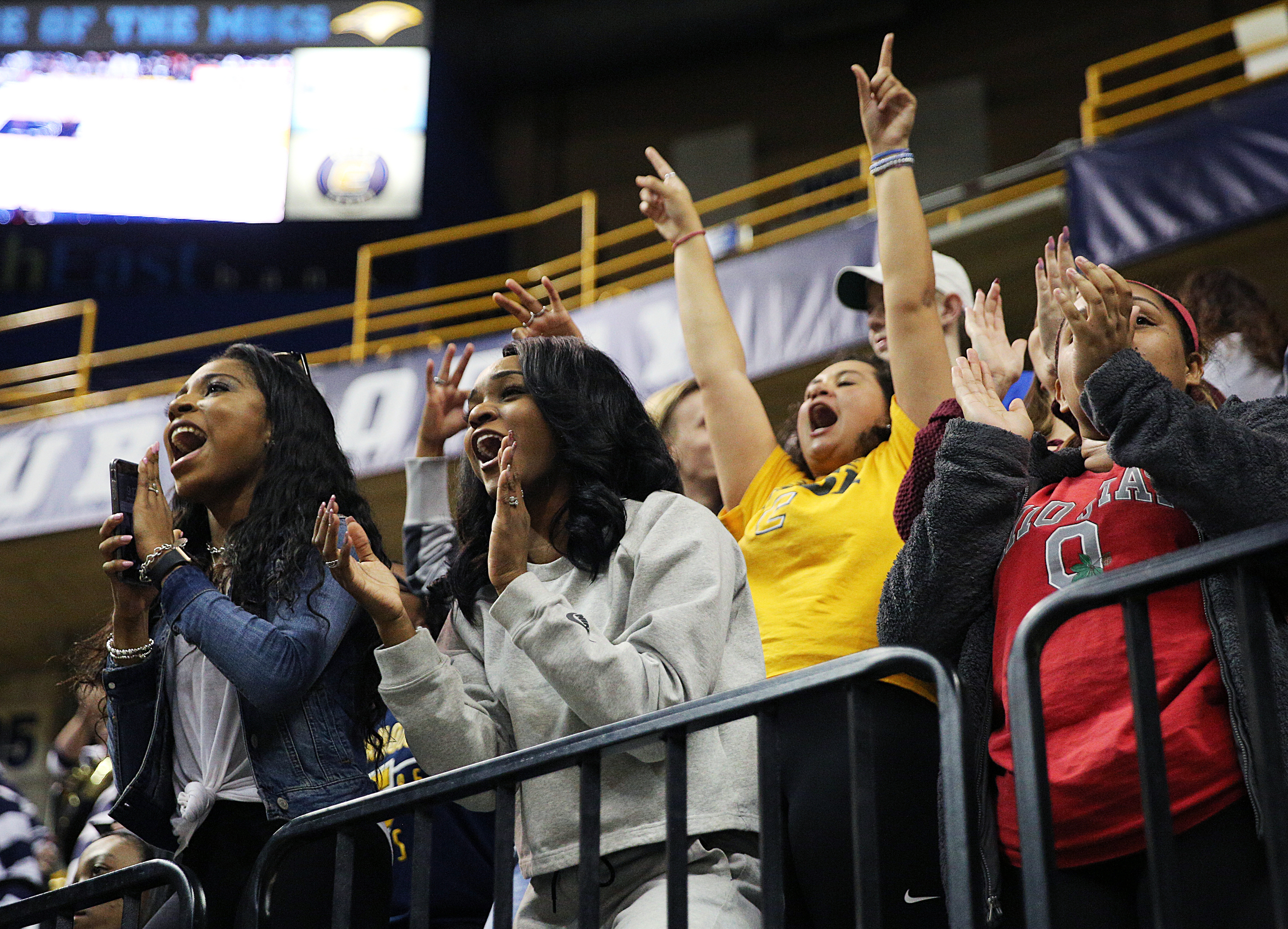 University of Tennessee students celebrate as UTC goes into overtime during the UTC vs. University of North Carolina Greensboro men's basketball game Monday, Jan. 29, 2018 at McKenzie Arena at UTC in Chattanooga, Tenn.