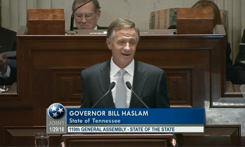 Tennessee Gov. Bill Haslam gives his final State of the State address in Nashville on Jan. 29, 2018. (Screenshot: Facebook.com/tennessean)