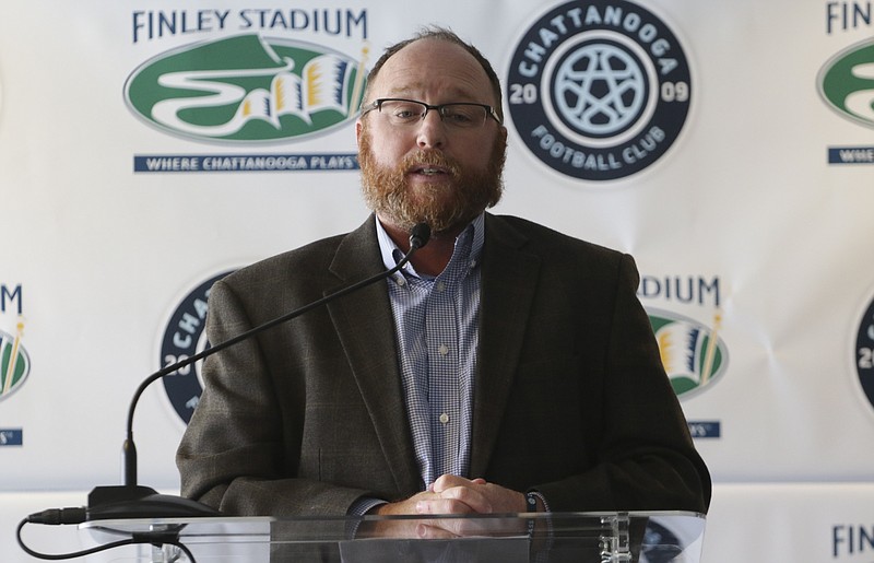 Staff Photo by Dan Henry / The Chattanooga Times Free Press- 1/3/17. Sean McDaniel, general manager of the Chattanooga Football Club, speaks during a press conference at Finley Stadium on Tuesday, January 3, 2016 that Chattanooga will host Atlanta United’s first matchup against CFC as well as the Men's National’s matchup vs Jamaica in February. 