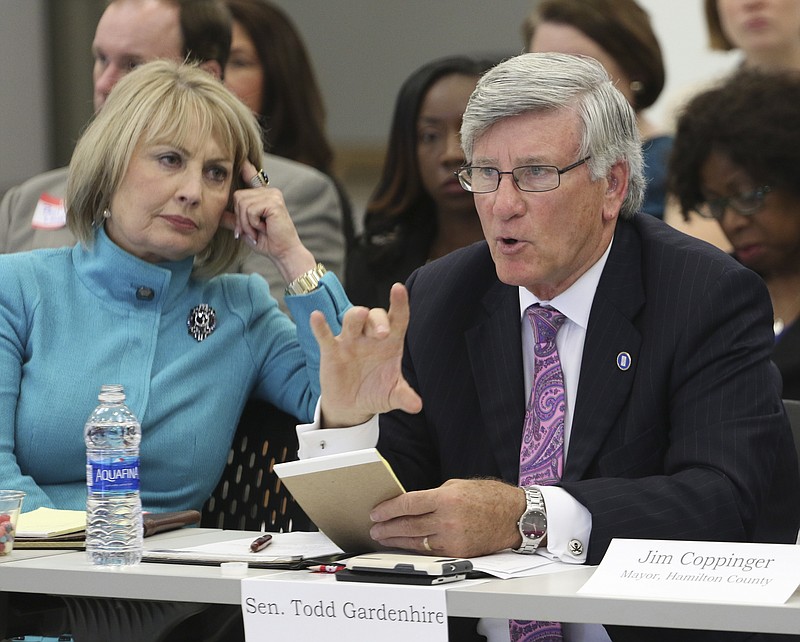 In this Sept. 20, 2016, staff file photo, Sen. Todd Gardenhire speaks during the Education Mini-Summit 2016 at the Volkswagen Conference Center, where Tennessee legislators from Hamilton County and local education officials discuss the county's public school system.