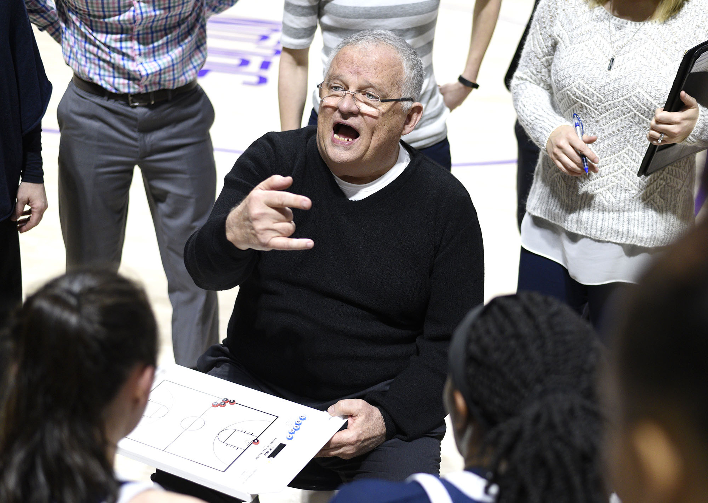 UTC head coach Jim Foster instructs his team in the huddle. The University of Tennessee Mocs visited the Western Carolina Catamounts in Southern Conference women's basketball action at the Ramsey Center in Cullowhee, North Carolina on February 1, 2018