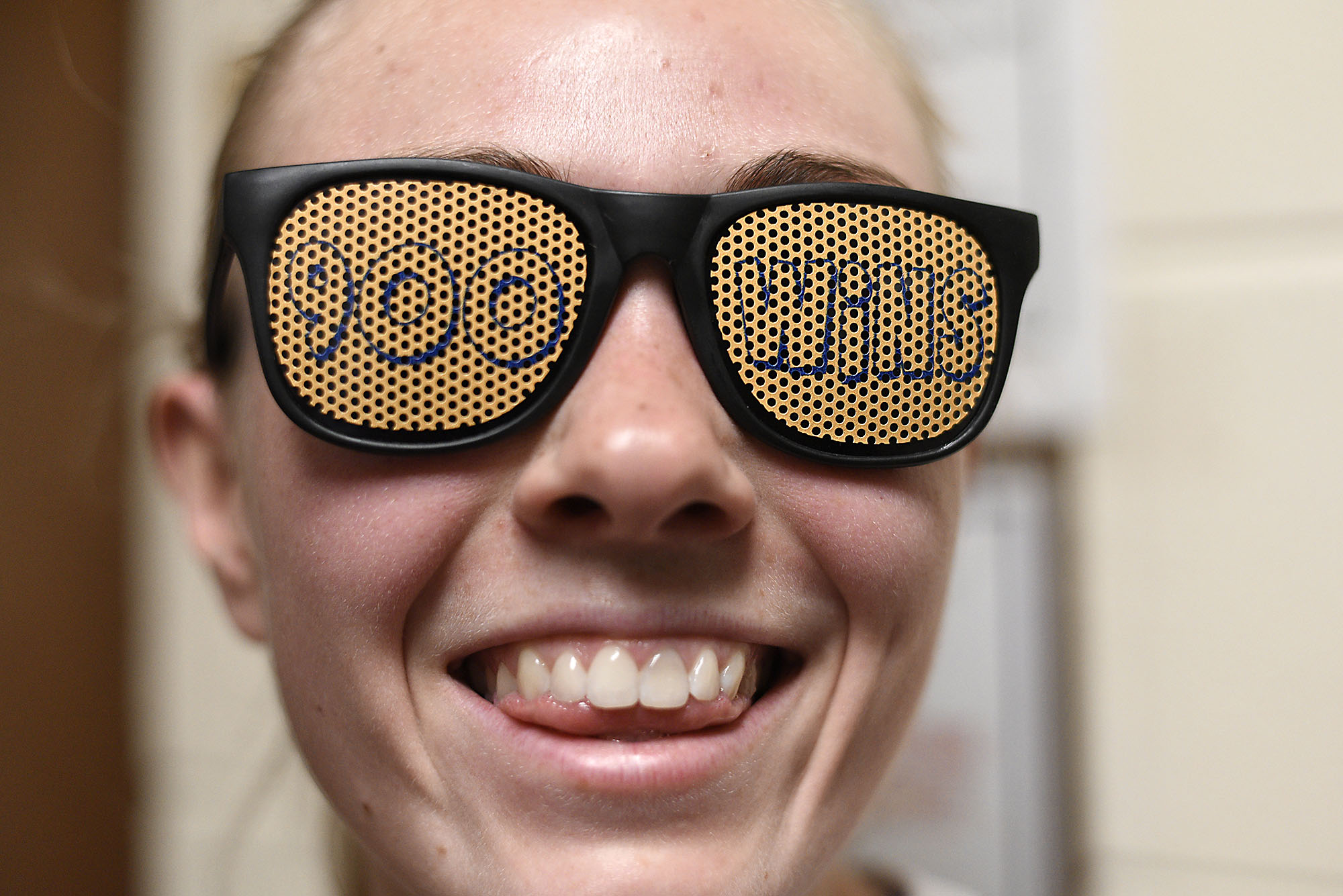 UTC's Lakelyn Bouldin (33) wears 900 win glasses to honor their coach Jim Foster on his 900th victory. The University of Tennessee Mocs visited the Western Carolina Catamounts in Southern Conference women's basketball action at the Ramsey Center in Cullowhee, North Carolina on February 1, 2018