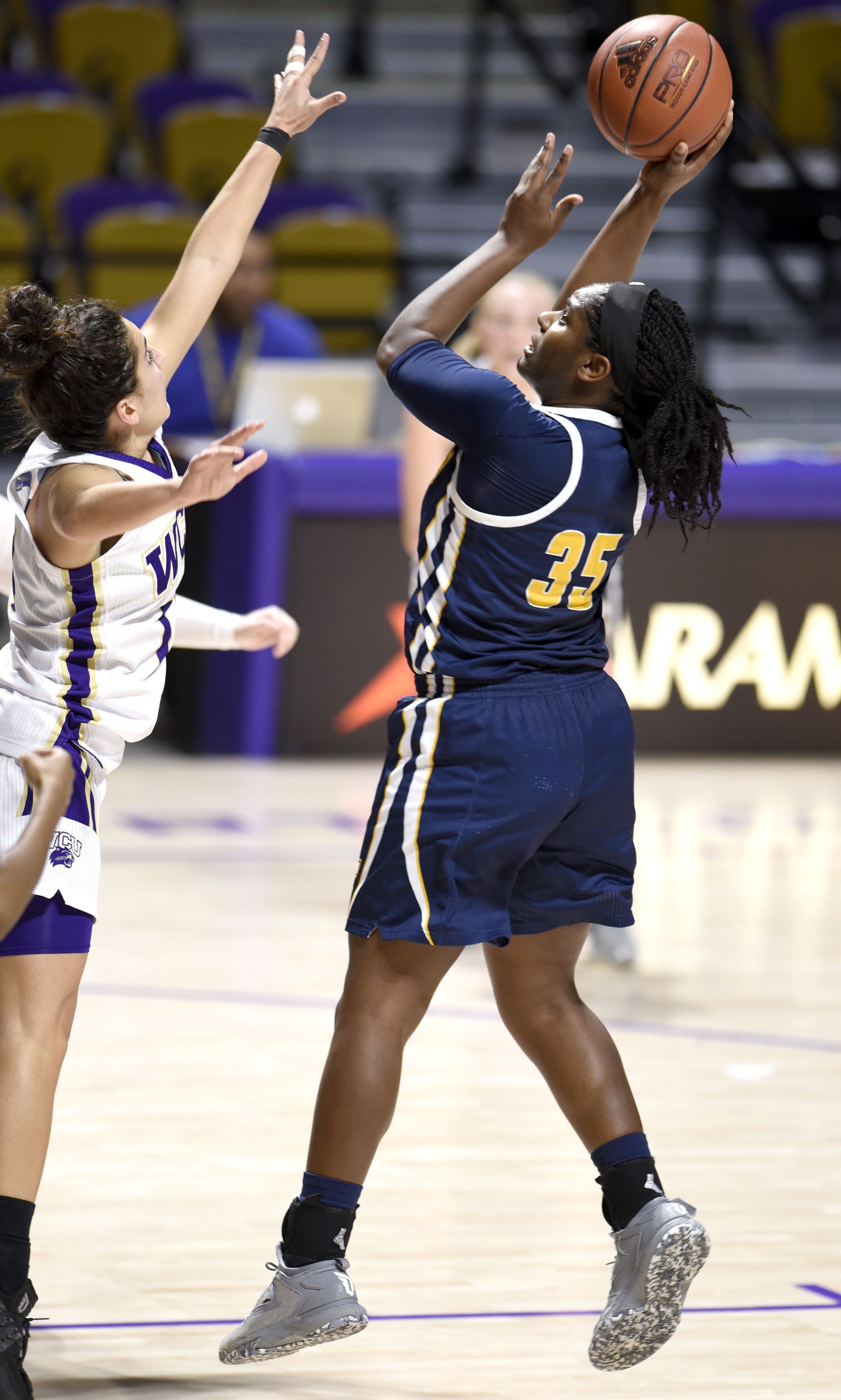 UTC's Aryanna Gilbert (35) hits a turnaround jumper from the foul line. The University of Tennessee Mocs visited the Western Carolina Catamounts in Southern Conference women's basketball action at the Ramsey Center in Cullowhee, North Carolina on February 1, 2018