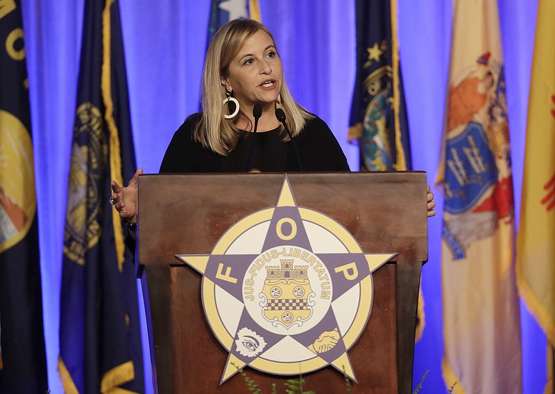 In this Aug. 28, 2017, photo, Nashville Mayor Megan Barry speaks at the Fraternal Order of Police convention in Nashville, Tenn. Barry revealed Wednesday, Jan. 31, 2018, that she had an extramarital affair with the former head of her security detail, apologizing and indicating she plans to continue serving in office. (AP Photo/Mark Humphrey)