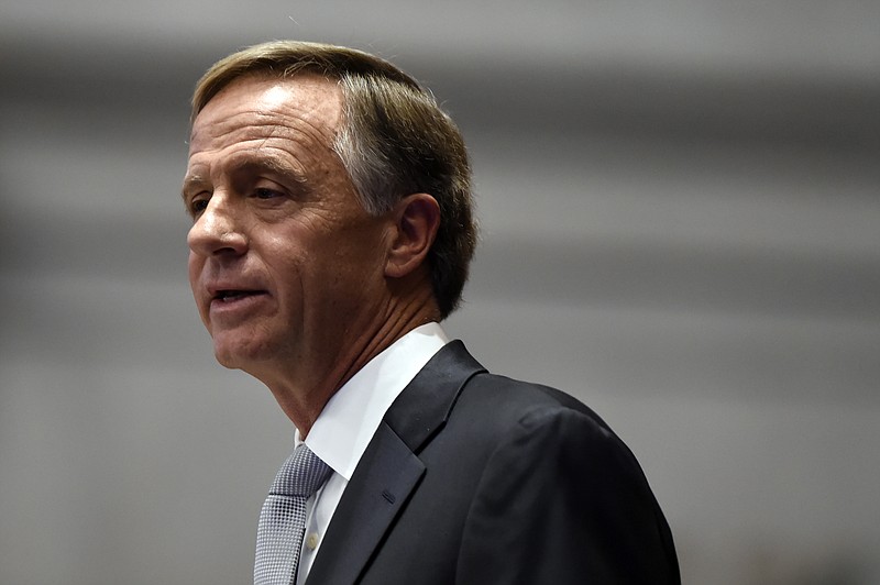 Gov. Bill Haslam gives his annual State of the State address to a joint convention of the Tennessee General Assembly Monday, Jan. 29, 2018, in Nashville, Tenn. (AP Photo/Mark Zaleski)