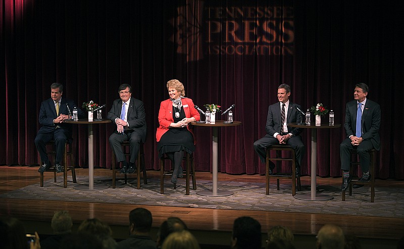 Five of Tennessee's gubernatorial candidates Karl Dean, left, Craig Fitzhugh, Kay White, Bill Lee and Randy Boyd attend the Tennessee Press Association's Gubernatorial Candidate Forum at the Nashville Public Library on Thursday, Feb. 1, 2018. (Shelley Mays /The Tennessean via AP)