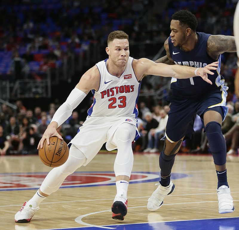 Detroit Pistons forward Blake Griffin (23) drives against Memphis Grizzlies forward Jarell Martin (1) during the first half of an NBA basketball game Thursday, Feb. 1, 2018, in Detroit. (AP Photo/Duane Burleson)