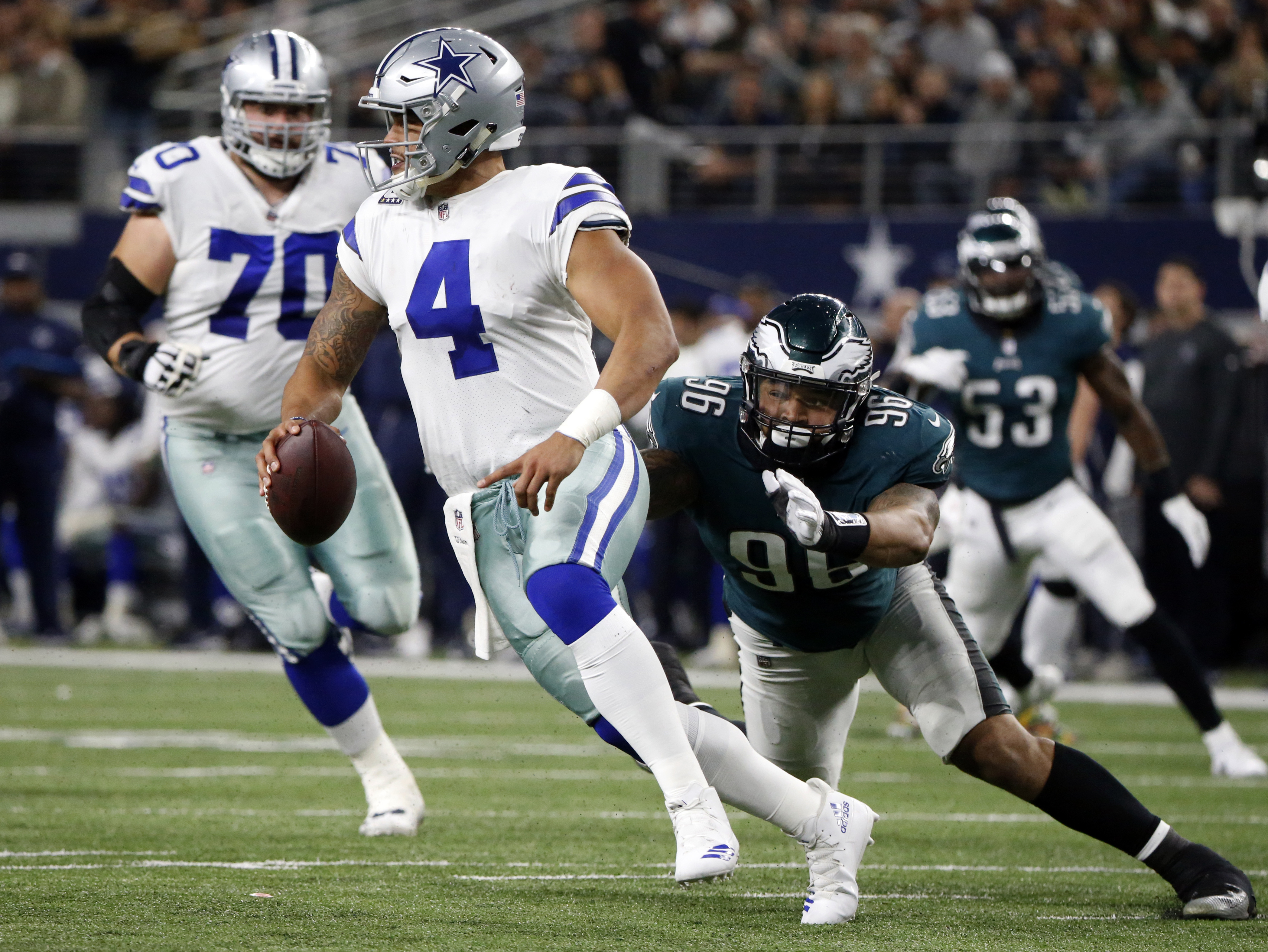 Dallas Cowboys quarterback Dak Prescott (4) is sacked by Philadelphia Eagles defensive end Derek Barnett (96) in the first half of an NFL football game, Sunday, Nov. 19, 2017, in Arlington, Texas. (AP Photo/Michael Ainsworth)