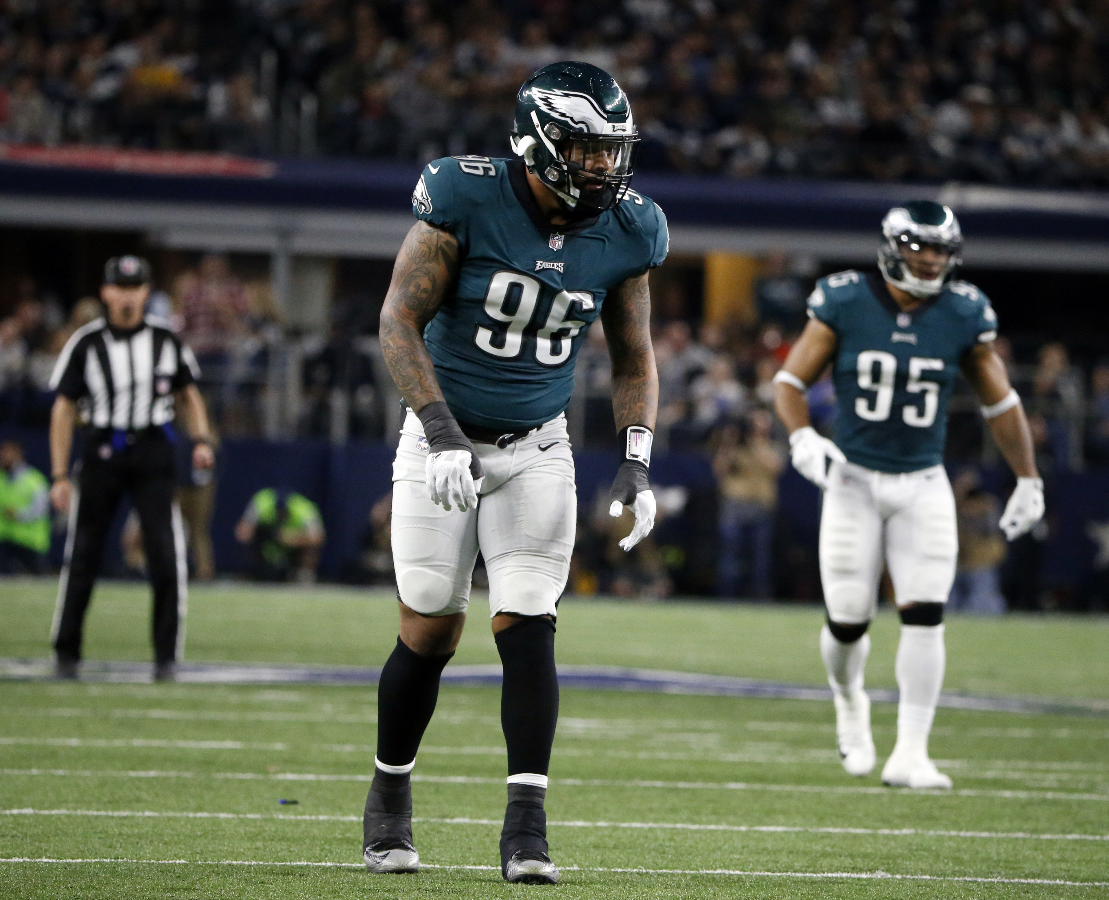 Philadelphia Eagles defensive end Derek Barnett (96) defends against the Dallas Cowboys during an NFL football game, Sunday, Nov. 19, 2017, in Arlington, Texas. (AP Photo/Michael Ainsworth)