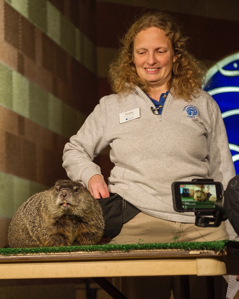Tennessee Aquarium senior educator Susie Grant with Chattanooga Chuck.