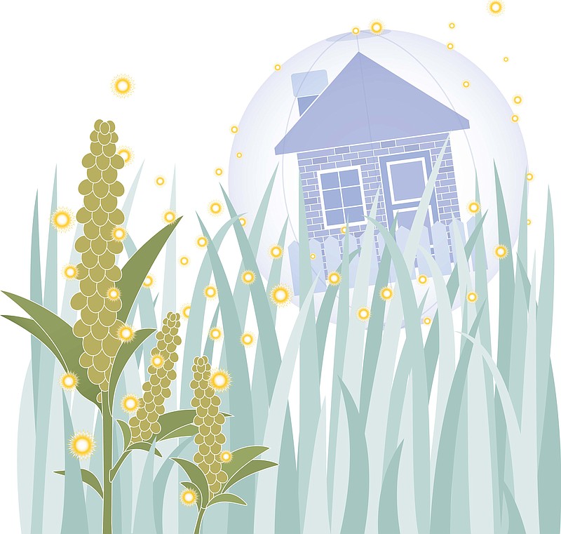 Jason Benavides color illustration of a home, protected in a bubble from ragweed pollen, grass and allergens in the atmosphere.
