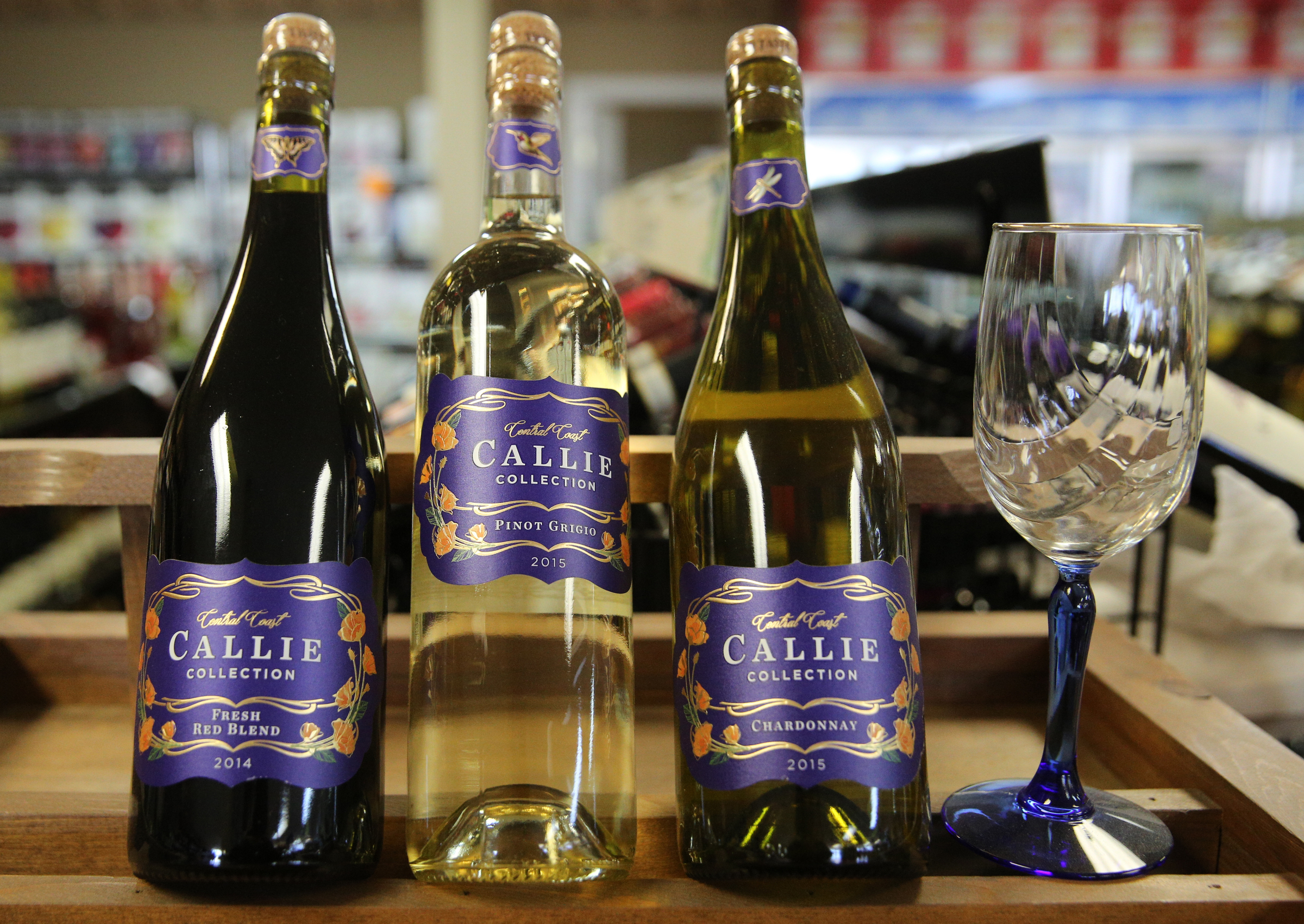 Wine from the Central Coast Callie Collection sit on a display shelf at Bacchus Wine and Spirits Thursday, Jan. 25, 2018 in Hixson, Tenn. Tennessee grocery stores started selling wine about a year and a half ago giving liquor stores more competition.