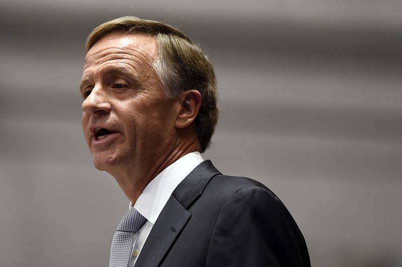 Gov. Bill Haslam gives his annual State of the State address to a joint convention of the Tennessee General Assembly Monday, Jan. 29, 2018, in Nashville, Tenn. (AP Photo/Mark Zaleski)