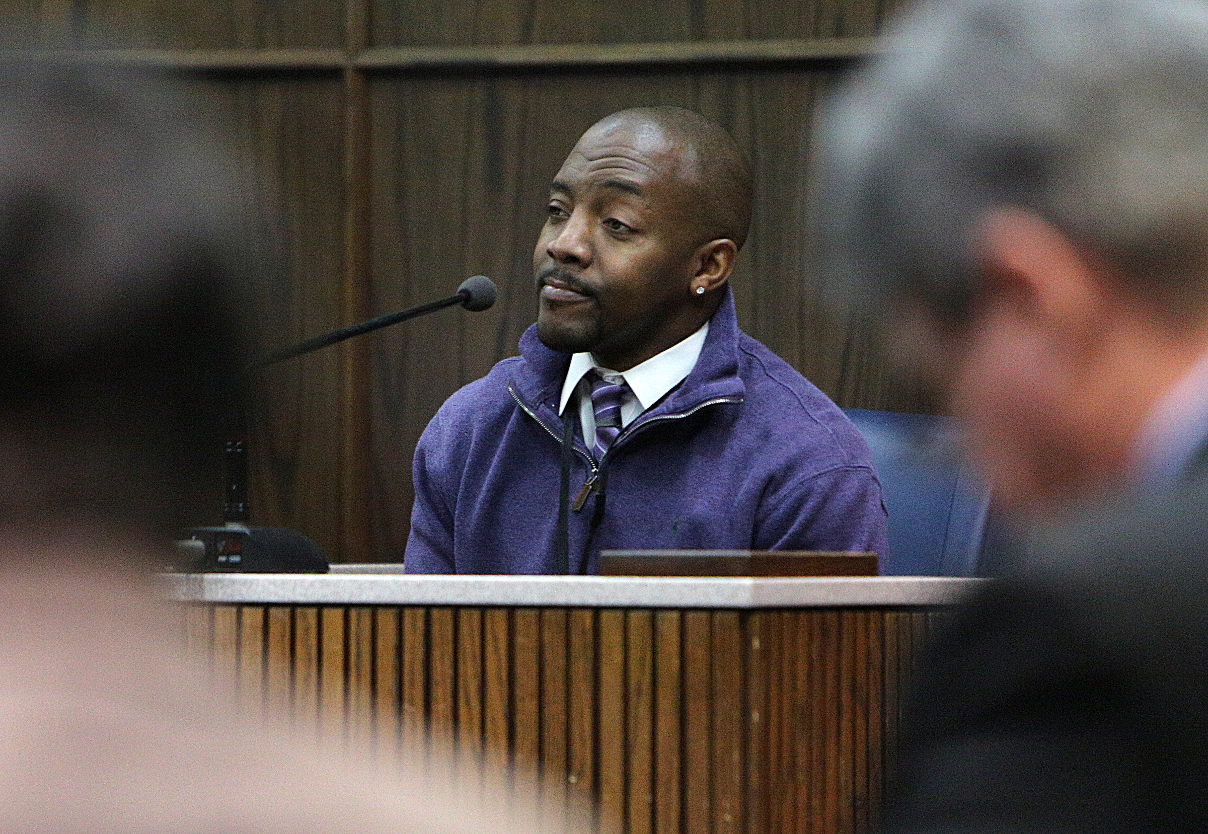 Carlis Shackelford, a former behavior specialist at Woodmore Elementary School, testifies to his interactions with Johnthony Walker prior to the November 2016 Woodmore crash that killed six children during a pretrial hearing in Walker's case Monday, Feb. 5, 2018 in Judge Don Poole's courtroom at the Hamilton County Criminal Courthouse in Chattanooga, Tenn. Shackelford testified to one case in which he had to mediate an argument on the bus between students and Walker as well as another case in which he reported Walker for driving away from the school at what Shackelford believed to be an unsafe speed.