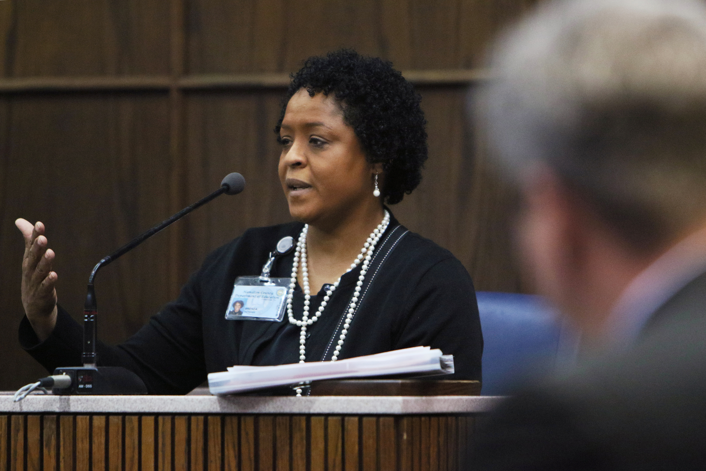 Brenda Cothran, former principal at Woodmore Elementary School, testifies during a pretrial hearing in the Johnthony Walker case Monday, Feb. 5, 2018 in Judge Don Poole's courtroom at the Hamilton County Criminal Courthouse in Chattanooga, Tenn. Cothran was testifying about complaints against Walker prior to the Woodmore bus crash incident that occurred November 21, 2016.
