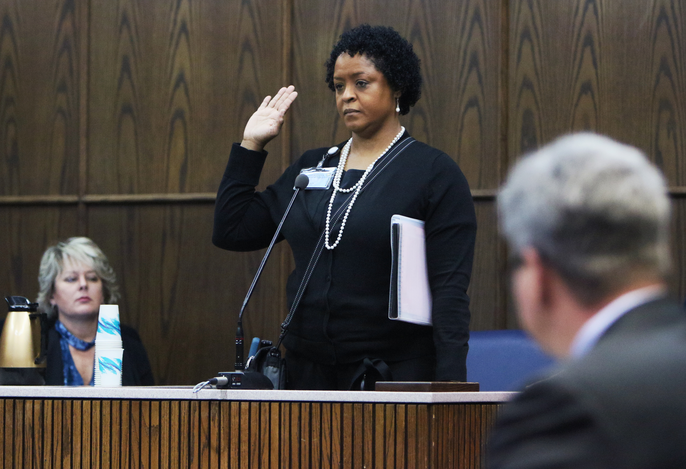 Brenda Cothran, former principal at Woodmore Elementary School, is sworn in during a pretrial hearing in the Johnthony Walker case Monday, Feb. 5, 2018 in Judge Don Poole's courtroom at the Hamilton County Criminal Courthouse in Chattanooga, Tenn. Cothran was testifying about complaints against Walker prior to the Woodmore bus crash incident that occurred November 21, 2016.