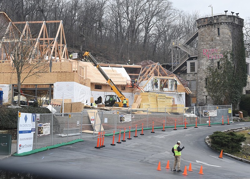 Contruction to the new entrance of Ruby Falls is in full swing Tuesday as immenent rain approaches for Wednesday.