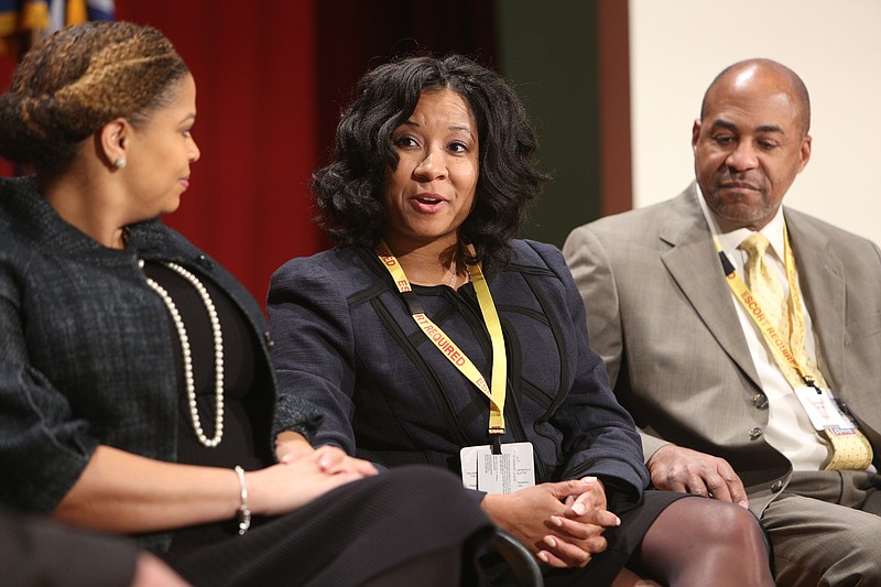 Marie Webb, vice president of human resources at EPB, talks a little about herself during an executive panel for the American Association of Blacks in Energy hosted by the Tennessee Valley Authority Tuesday, Feb. 6, 2018 at TVA in downtown Chattanooga, Tennessee. The executives shared professional growth stories and challenges they have faced.