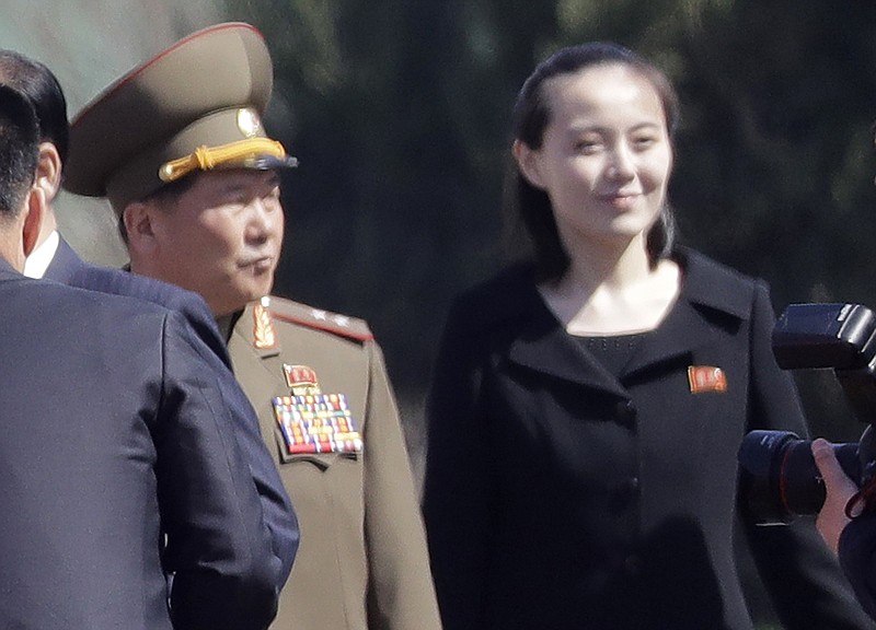 In this April 13, 2017, photo, Kim Yo Jong, right, sister of North Korean leader Kim Jong Un, is pictured during the official opening of the Ryomyong residential area, a collection of more than a dozen apartment buildings, in Pyongyang, North Korea. South Korea's Unification Ministry said North Korea informed Wednesday, Feb. 7, 2018, that Kim Yo Jong would be part of the high-level delegation coming to the South for the Pyeongchang Winter Olympics. (AP Photo/Wong Maye-E)