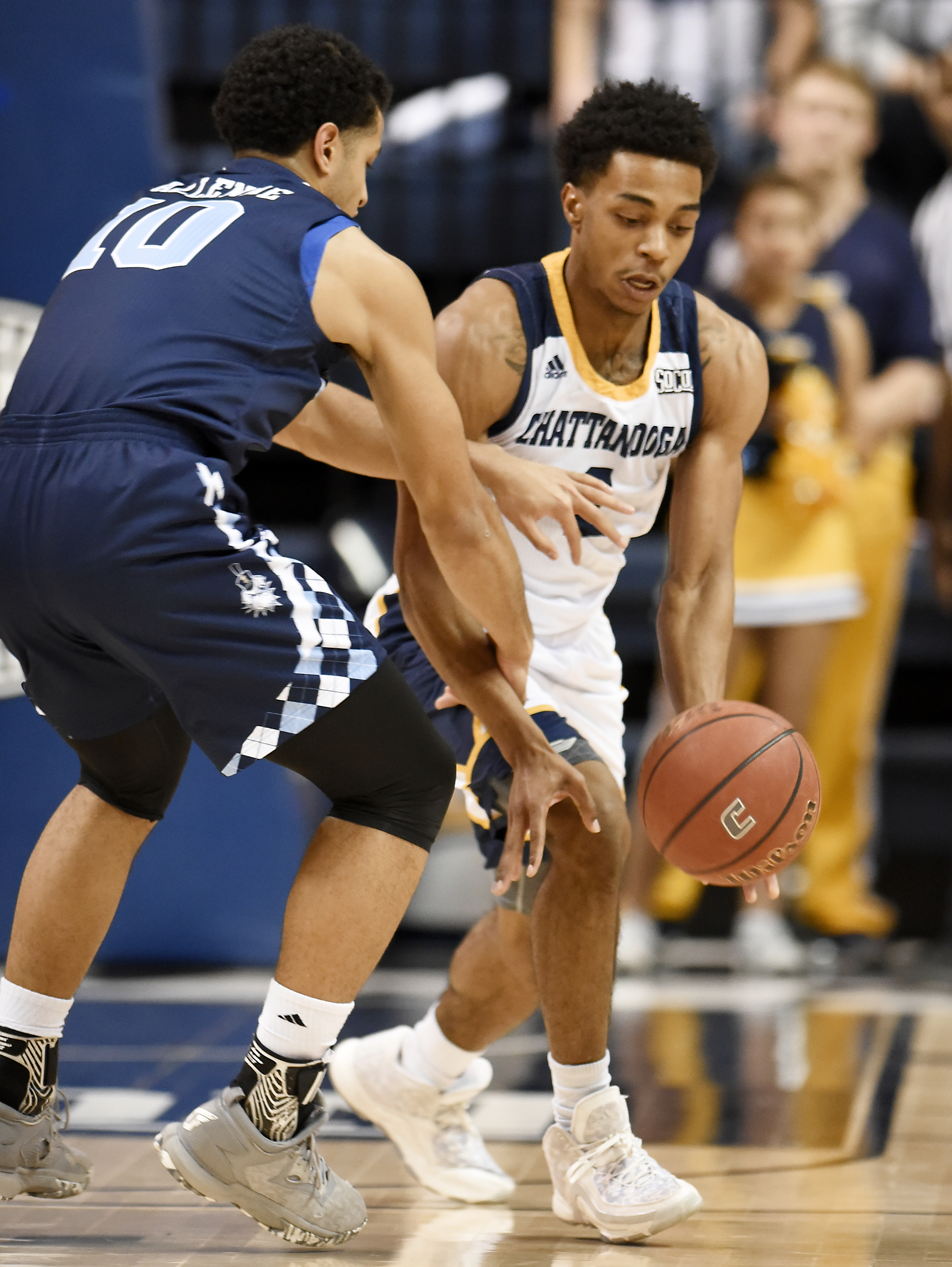 UTC's Rodney Chatman (1) steals the ball from The Citadel's Leandro Allende (10). The Citadel Bulldogs visited the University of Tennessee Chattanooga Mocs in Southern Conference basketball action at McKenzie Arena in Chattanooga, Tennessee on February 8, 2018.