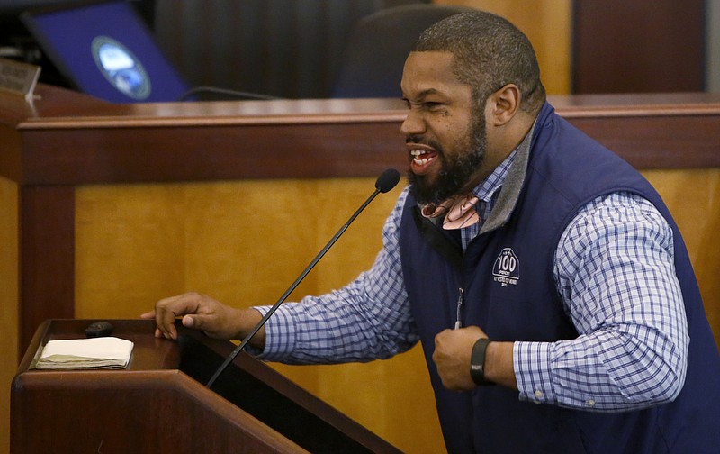 Chattanooga Public Safety Coordinator Troy Rogers passionately speaks about the Violence Reduction Initiative during a meeting in the City Council Building on Thursday, Feb. 8, 2018 in Chattanooga, Tenn. The meeting, allowing the public to share their opinions on the VRI, was put together by Councilman Anthony Byrd.