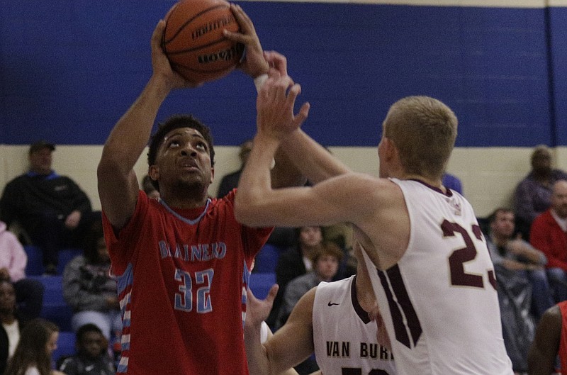 Brainerd's Jessie Walker shoots into Van Buren's Caden Mills during their Times Free Press Best of Preps basketball tournament consolation game at Chattanooga State Technical Community College on Saturday, Dec. 30, 2017, in Chattanooga, Tenn.