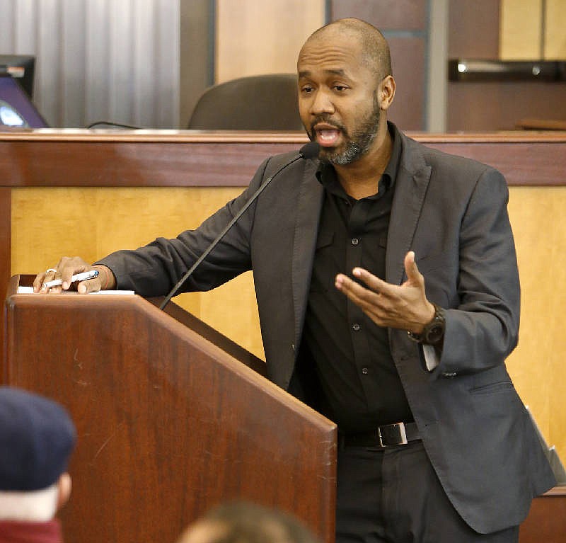 Councilman Anthony Byrd speaks during a meeting about the Violence Reduction Initiative in the City Council Building on Thursday, Feb. 8, 2018 in Chattanooga, Tenn. The meeting, allowing the public to share their opinions on the VRI, was put together by Councilman Byrd.