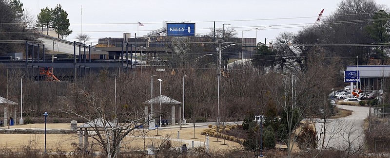 M.L. King, on the back center-right, West 9th Avenue, on the right, and the Blue Goose Hollow Trailhead are seen near the Cameron Harbor area on Monday, Feb. 12, 2018 in Chattanooga, Tenn. The M.L. King extension would form a straight shot to the Blue Goose Hollow trailhead, and the old West Ninth Avenue would disappear.
