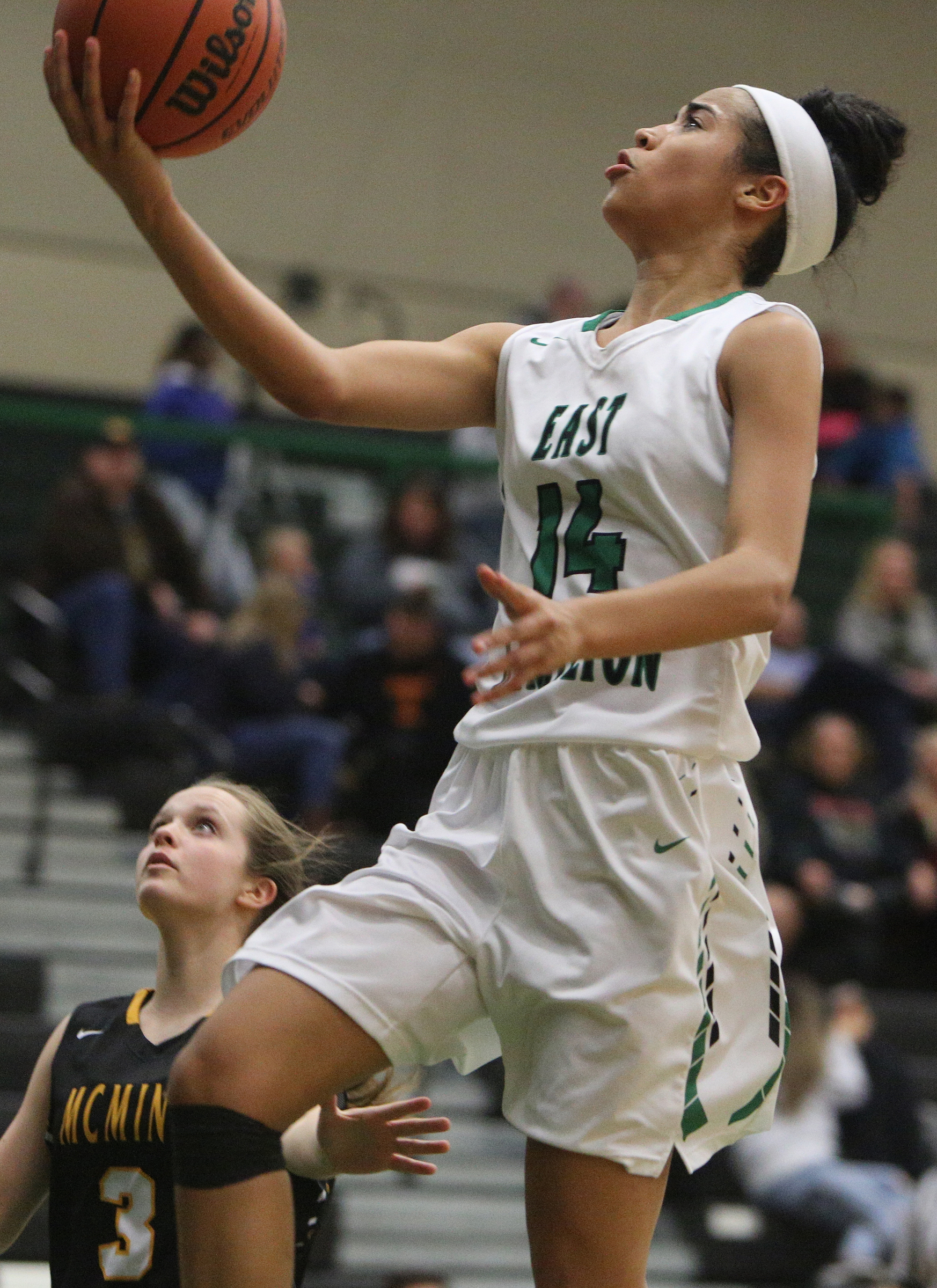 East Hamilton's Madison Hayes (14) puts up a shot during the East Hamilton vs. McMinn County girls basketball game Monday, Feb. 12, 2018 at East Hamilton Middle High School in Ooltewah, Tenn.