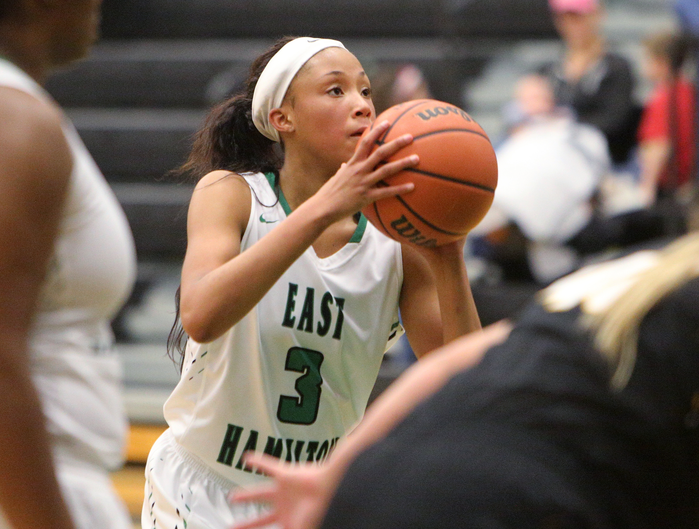 East Hamilton's De'Zah Lacy (3) shoots a free-throw shot during the East Hamilton vs. McMinn County girls basketball game Monday, Feb. 12, 2018 at East Hamilton Middle High School in Ooltewah, Tenn.