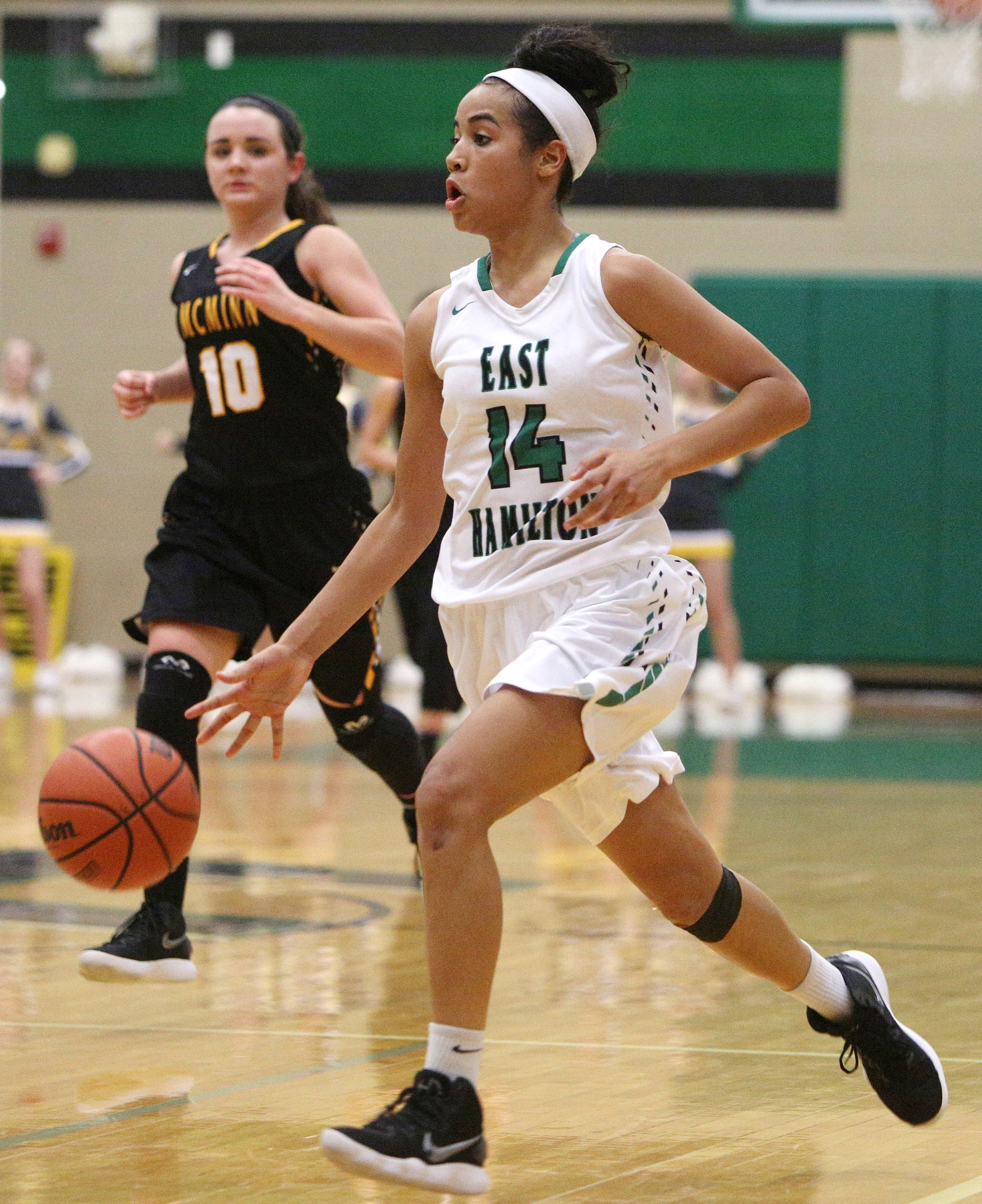 East Hamilton's Madison Hayes (14) dribbles the ball downcourt during the East Hamilton vs. McMinn County girls basketball game Monday, Feb. 12, 2018 at East Hamilton Middle High School in Ooltewah, Tenn.