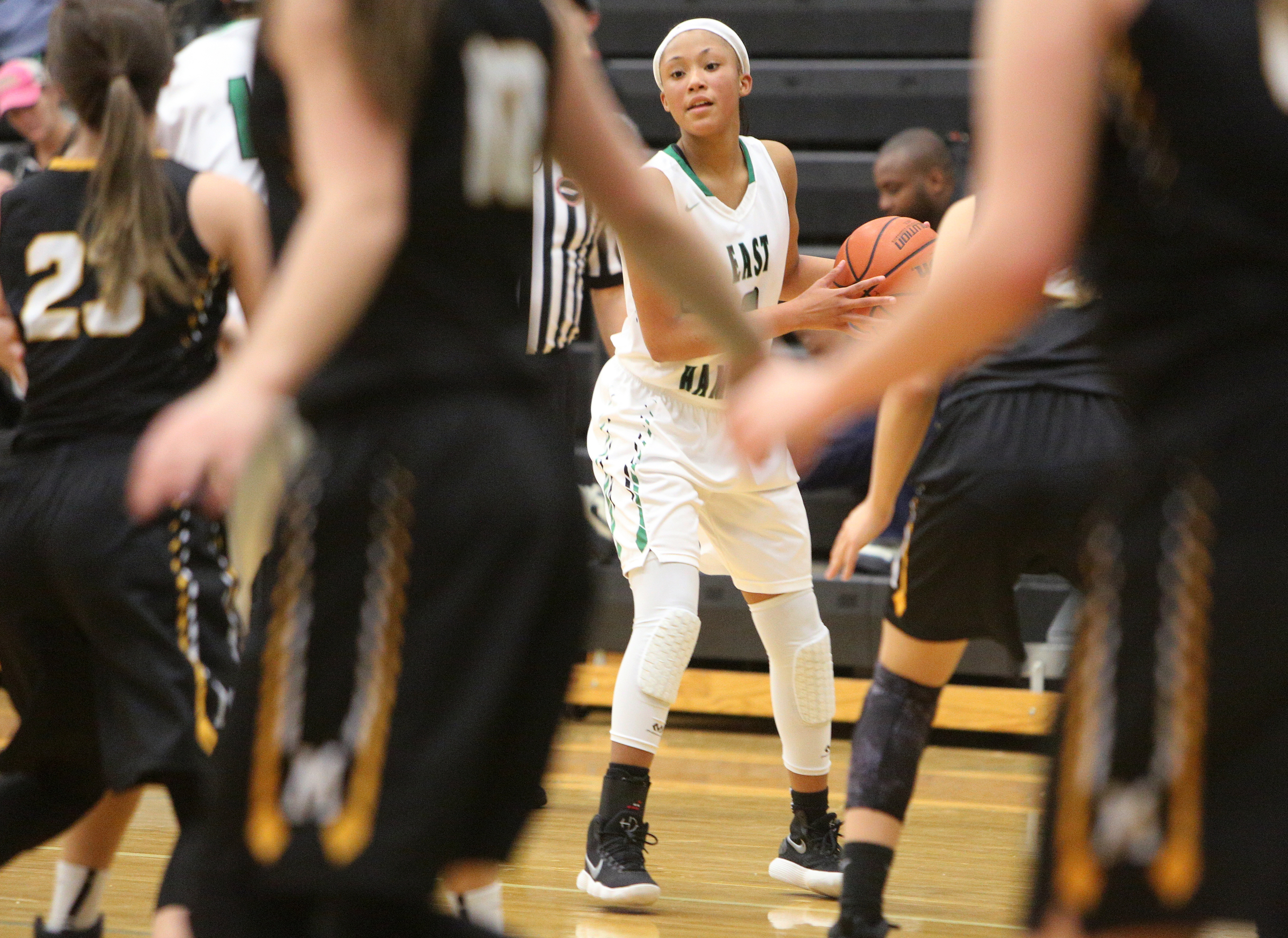 East Hamilton's De'Zah Lacy (3) looks to pass the ball to a teammate during the East Hamilton vs. McMinn County girls basketball game Monday, Feb. 12, 2018 at East Hamilton Middle High School in Ooltewah, Tenn.