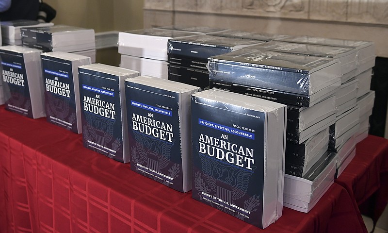 The President's FY19 Budget is on display after arriving on Capitol Hill in Washington, Monday, Feb. 12, 2018. (AP Photo/Susan Walsh)