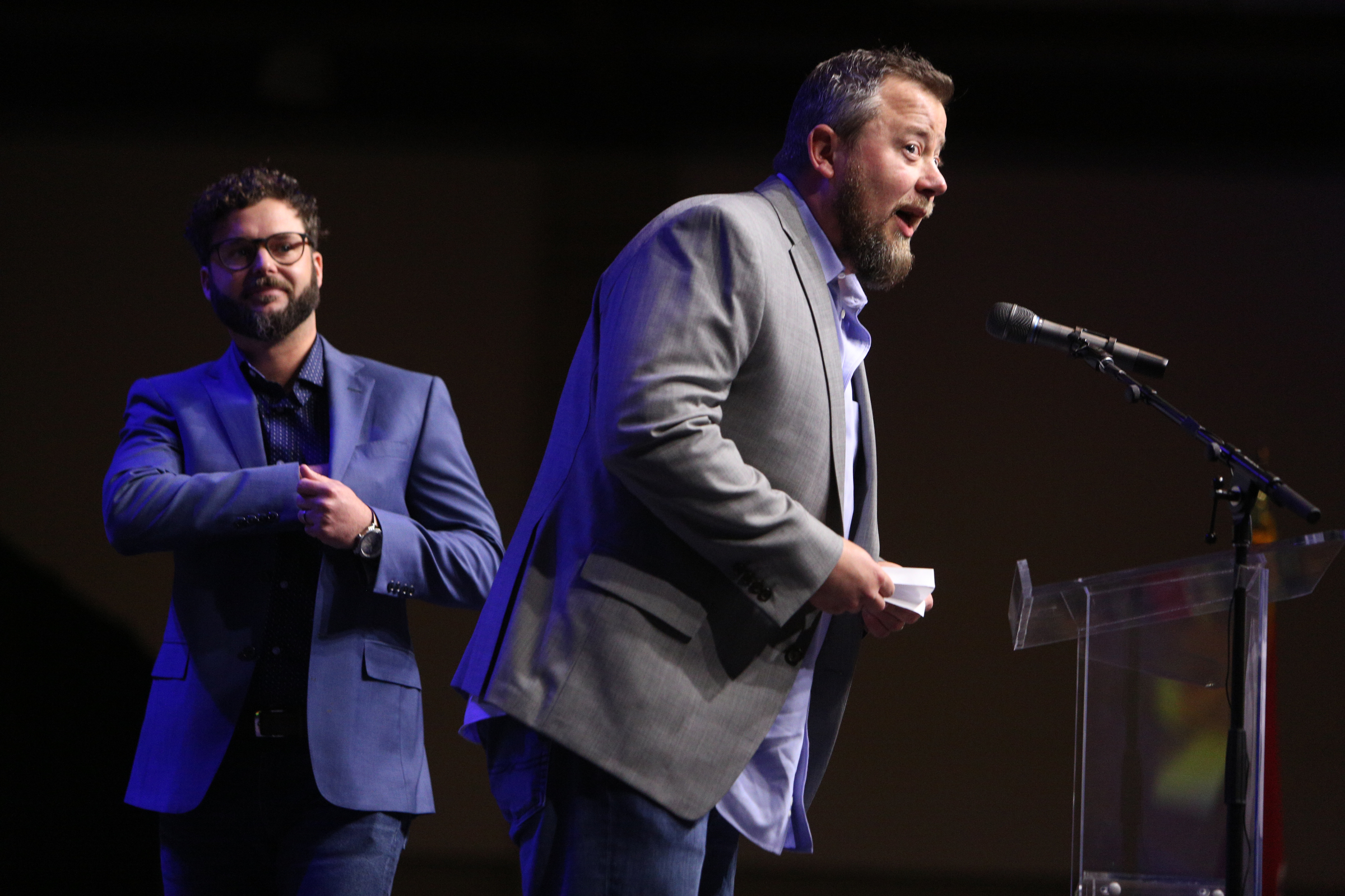 Justin Wilson and Russell Looper, co-founders of Manufacturing Repair and Overstock, accept the Small Business Award for the 21-44 employees category during the Small Business Awards Luncheon at the Chattanooga Convention Center on Tuesday, Feb. 13, 2018 in Chattanooga, Tenn. The event was put on by the Chattanooga Area Chamber of Commerce.