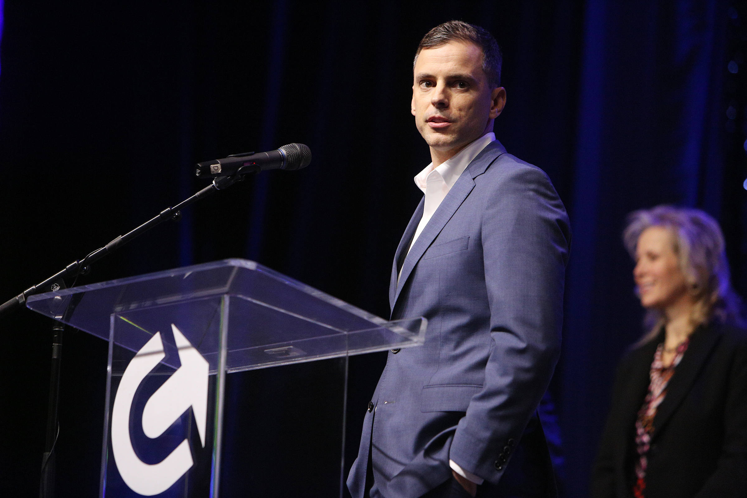 Andrew Ladebauche, CEO of Reliance Partners, thanks individuals after being awarded the Small Business Award for the 45-200 employees category during the Small Business Awards Luncheon at the Chattanooga Convention Center on Tuesday, Feb. 13, 2018 in Chattanooga, Tenn. The event was put on by the Chattanooga Area Chamber of Commerce.