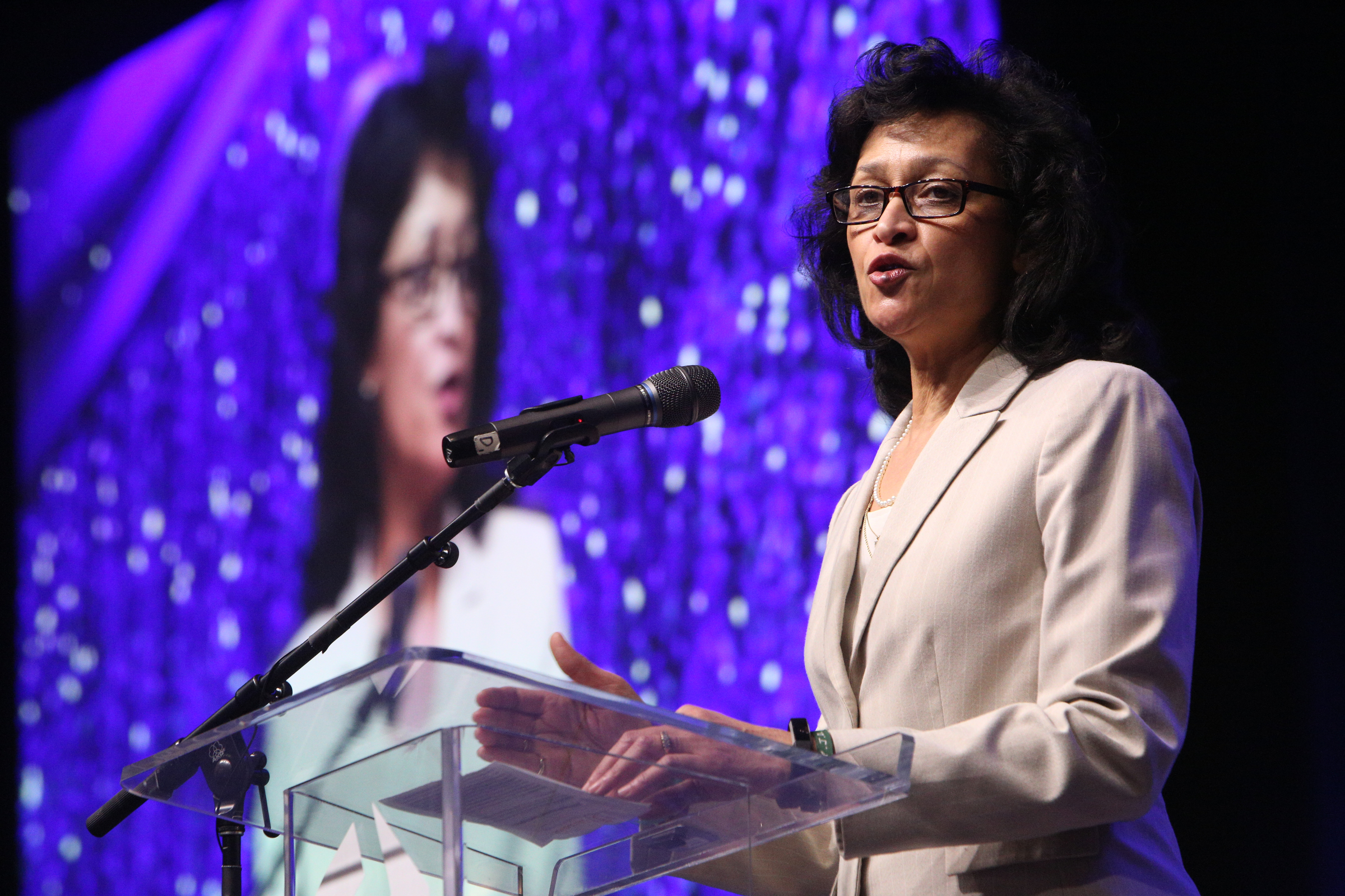 Elaine Swafford, executive director of Chattanooga Girls Leadership Academy, thanks individuals after being awarded the Nonprofit of the Year Award during the Small Business Awards Luncheon at the Chattanooga Convention Center on Tuesday, Feb. 13, 2018 in Chattanooga, Tenn. The event was put on by the Chattanooga Area Chamber of Commerce.
