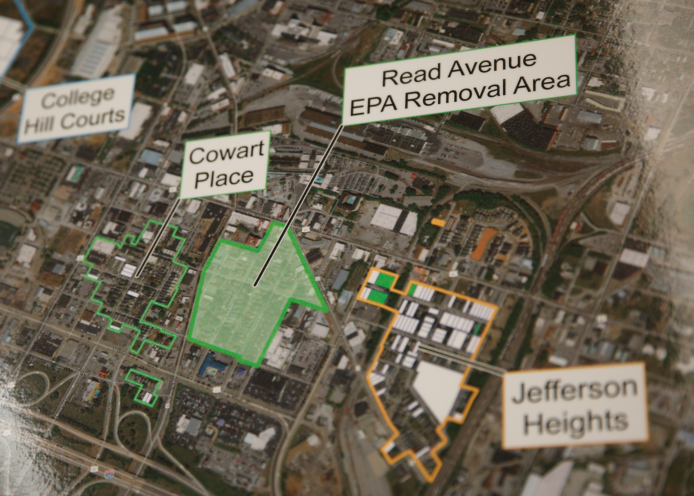 A rendering shows lead-contaminated areas at a public meeting held by the Environmental Protection Agency at South Chattanooga Recreation Center on Tuesday, Feb. 13, 2018, in Chattanooga, Tenn. The EPA held the meeting to address community concerns about lead pollution in the Southside Chattanooga Lead Site, which includes the Alton Park and Jefferson Heights neighborhoods.