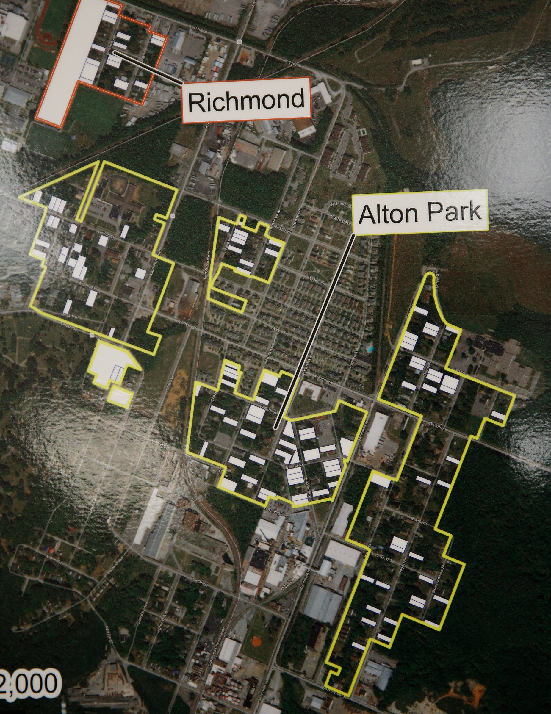 A rendering shows lead-contaminated areas at a public meeting held by the Environmental Protection Agency at South Chattanooga Recreation Center on Tuesday, Feb. 13, 2018, in Chattanooga, Tenn. The EPA held the meeting to address community concerns about lead pollution in the Southside Chattanooga Lead Site, which includes the Alton Park and Jefferson Heights neighborhoods.
