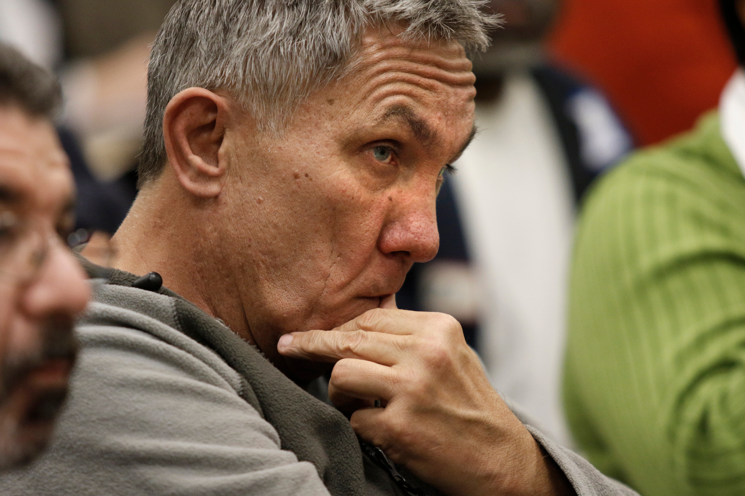 Ed Nowicki listens to an answer to his question during a public meeting held by the Environmental Protection Agency at South Chattanooga Recreation Center on Tuesday, Feb. 13, 2018, in Chattanooga, Tenn. The EPA held the meeting to address community concerns about lead pollution in the Southside Chattanooga Lead Site, which includes the Alton Park and Jefferson Heights neighborhoods.